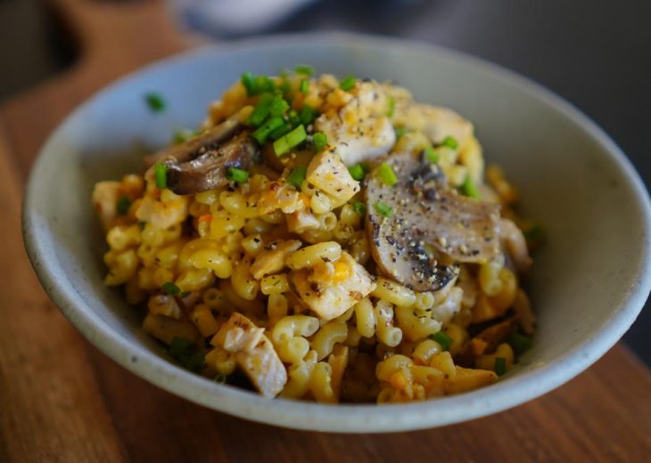 coquillettes crémeuses poulet champignon mimolette